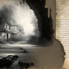 Sepia-Toned Artwork: Moody Street Scene with Cursive Handwriting