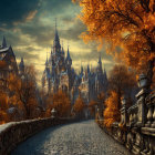 Autumnal scene: cobbled bridge, fairy tale castle, golden trees, twilight sky