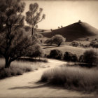 Serene sepia-toned landscape with winding path and gentle hill dotted with trees