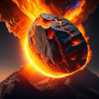 Digital artwork: Massive asteroid collision with mountain causes fiery eruption