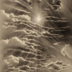 Sepia-Toned Image of Dramatic Sky with Sun Rays Through Clouds