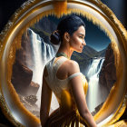 Golden Dress Woman Contemplates Waterfall Through Baroque Frame