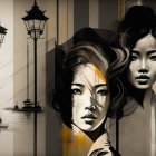 Monochrome artwork: Stylized portraits of two women with expressive eyes, street lamp backdrop.