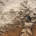 Woman in elegant dress against textured wall with cloud-like relief sculpture