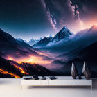 Wall-mounted TV screen showcasing majestic night mountain range with vases and modern cabinet