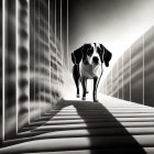 Monochrome dog on patterned floor with dramatic shadows