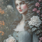 Ethereal portrait of woman with wavy hair and flowers in soft pastel colors