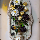 Floral Bas-Relief Sculpture in Ornate Frame on Weathered Wall