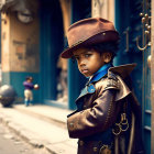 Child in stylish hat and leather jacket on weathered street exudes vintage coolness