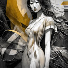 Stylized graphic image of woman with flowing hair and abstract golden and black shapes