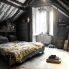Rustic attic room with fur blanket, scattered books, window light