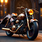 Vintage Motorcycle with Ornate Metalwork and Leather Accents in Dimly Lit Alley