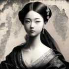 Monochrome portrait of ethereal woman with traditional accessories