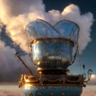 Fantastical airship with blue and gold gondola in sunset sky