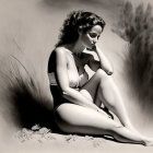 Monochrome illustration of woman in lingerie sitting in field