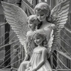 Monochrome image: Three angel statues with intricate wings and serene expressions