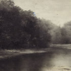 Vintage Black and White Photo: Tranquil River with Dense Tree Borders