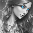 Grayscale illustration of a woman with blue eyes and flowing hair