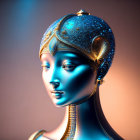 Female android bust with cosmic-patterned headpiece and blue complexion on warm background