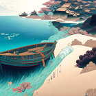 Stylized illustration of ancient Asian village by the sea