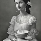 Monochrome portrait of woman in tiara and vintage dress with floral details