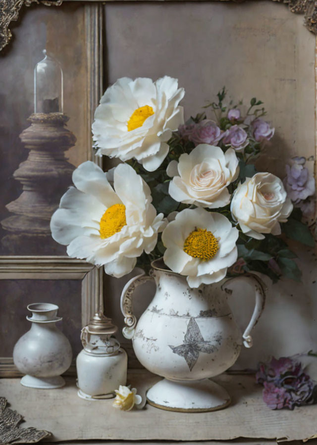 Vintage still life with white flowers, jars, and book on wooden surface