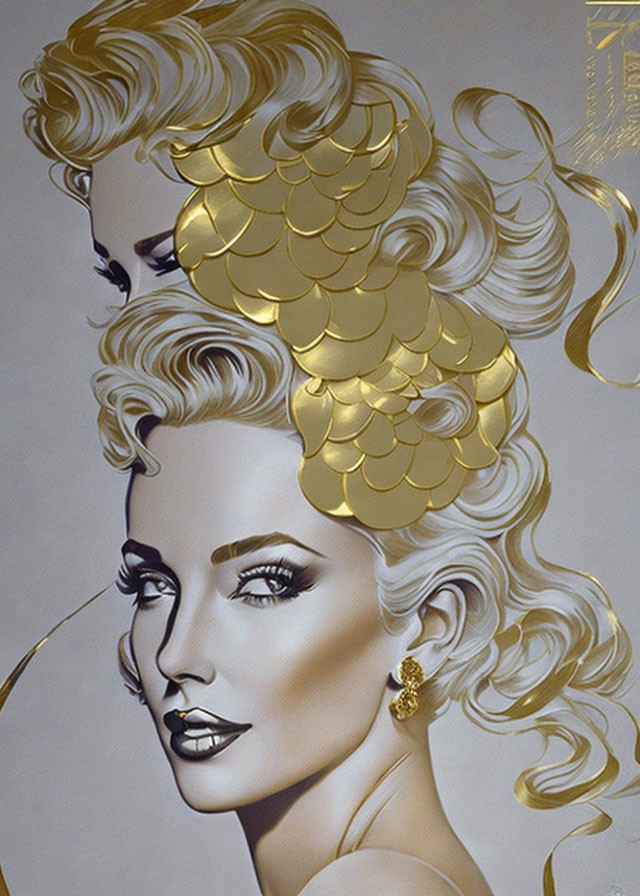 Detailed gold and white woman illustration with intricate scalloped hairstyle