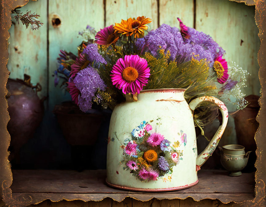 Vintage White Enamel Jug with Colorful Floral Bouquet on Wood Surface