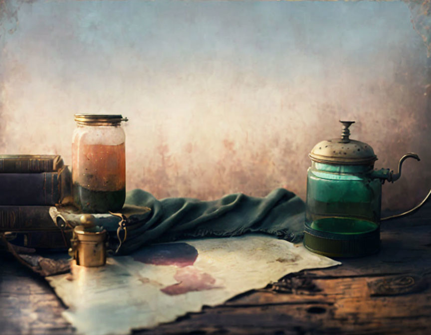 Vintage still life with books, glass jar, lantern, map, and draped cloth on rustic table