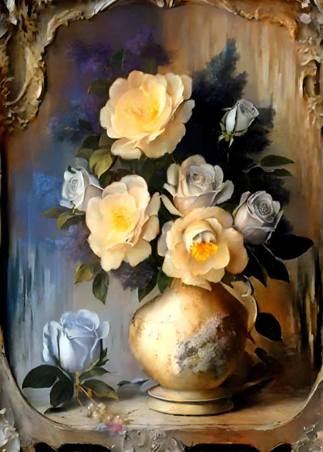 Yellow and White Roses in Tarnished Golden Vase Still Life Painting