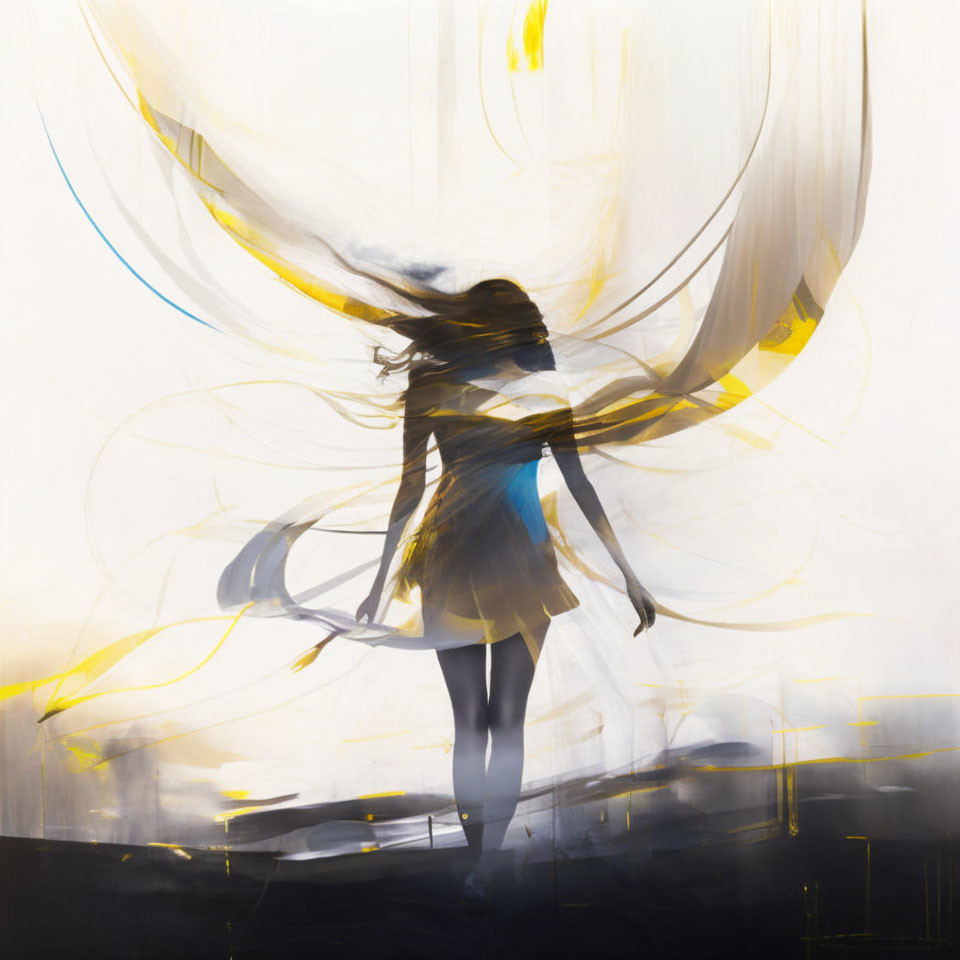 Abstract silhouette of woman twirling in flowing strokes on black and white background