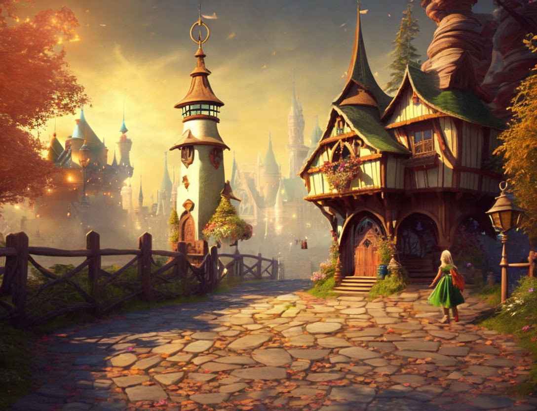 Girl in Green Dress Walking to Enchanting Village at Sunset