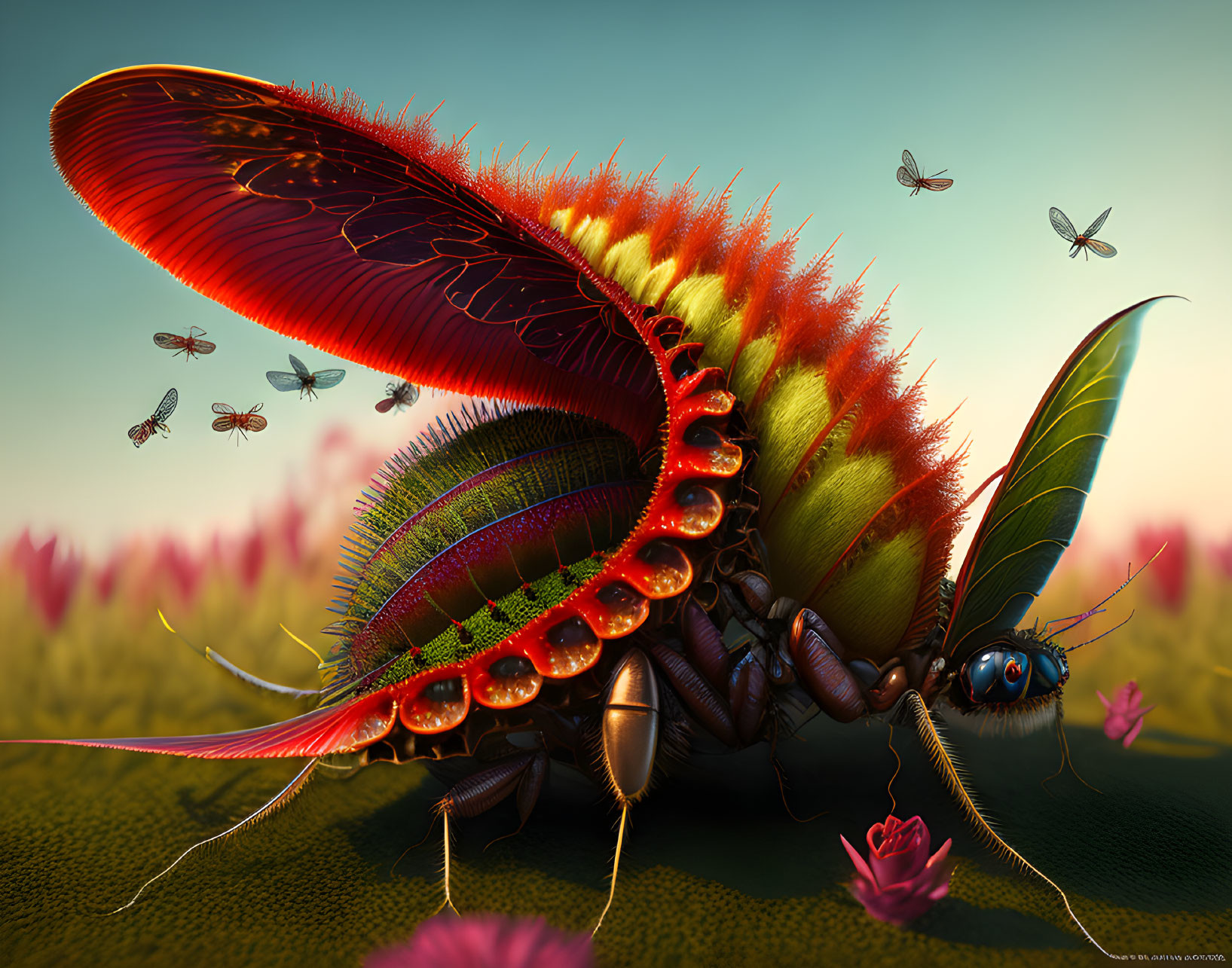 Vibrantly colored hyper-realistic insect in lush field