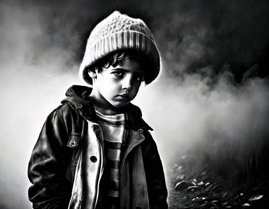 Monochrome photo of young child in knit hat and jacket with misty background