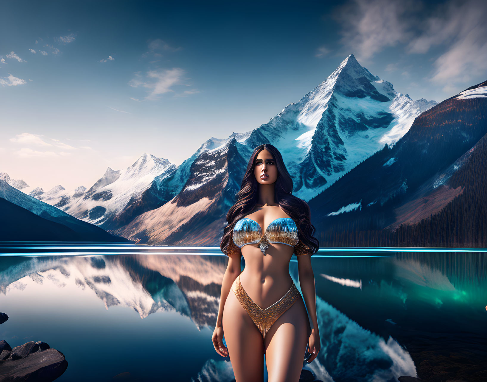 Woman in Gold Bikini by Serene Mountain Lake