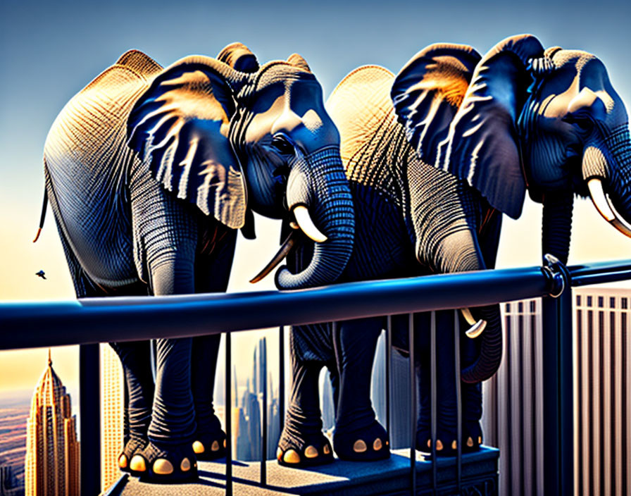 Three elephants on narrow plank above cityscape at sunset