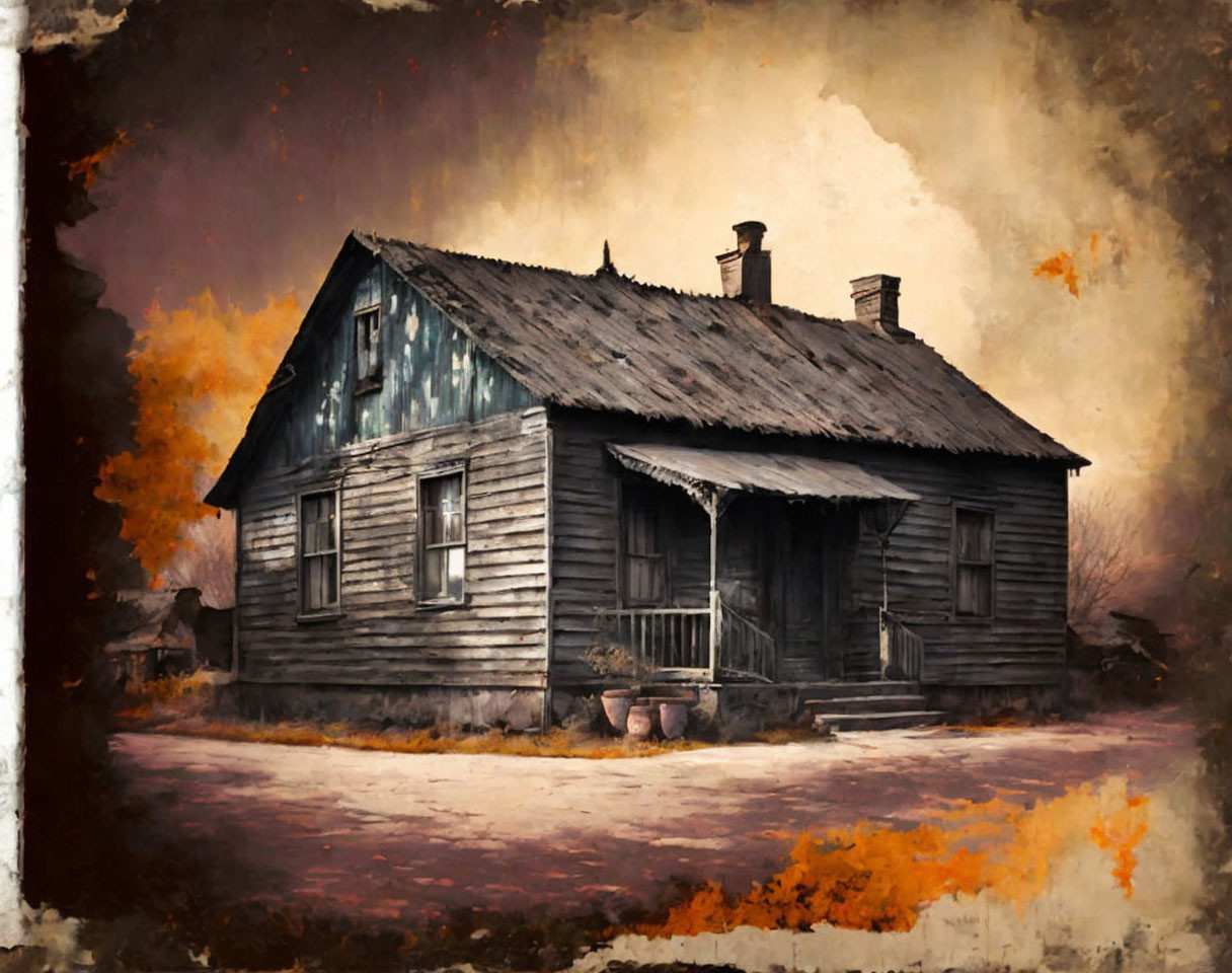 Weathered wooden house with two chimneys and front porch in autumn setting