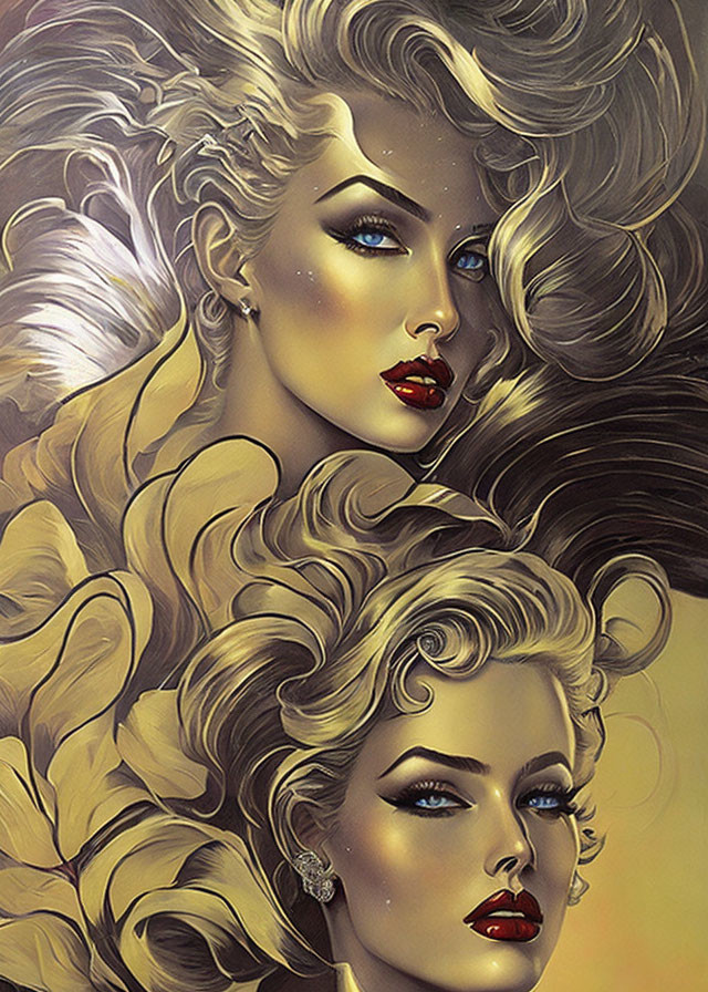 Stylized women with voluminous blonde hair and striking blue eyes in vintage aesthetic