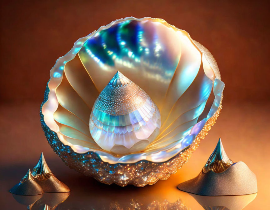 Iridescent Pearl Oyster Shell with Shiny Pearl and Conch Shells on Reflective Surface