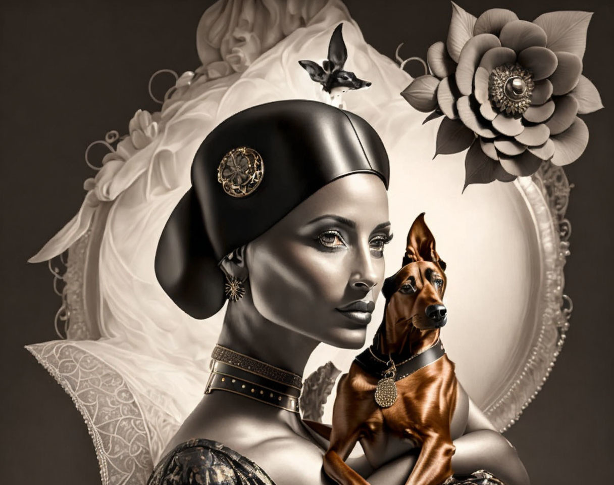 Sepia-toned artwork of woman in headscarf with dog, floral motifs, and butterfly