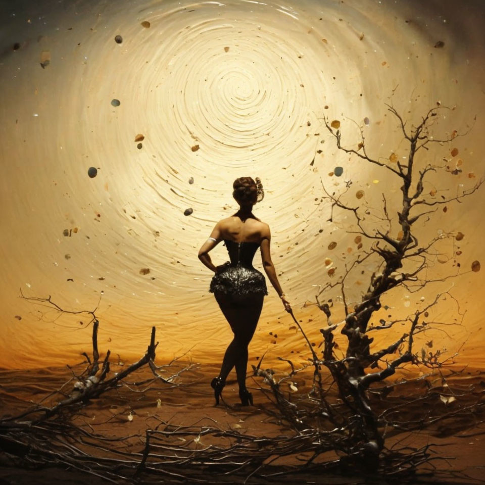 Person in black dress surrounded by swirling backdrop and floating rocks.