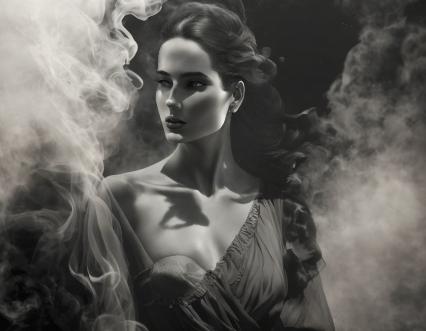 Monochrome artistic portrait of a serene woman in swirling mist.