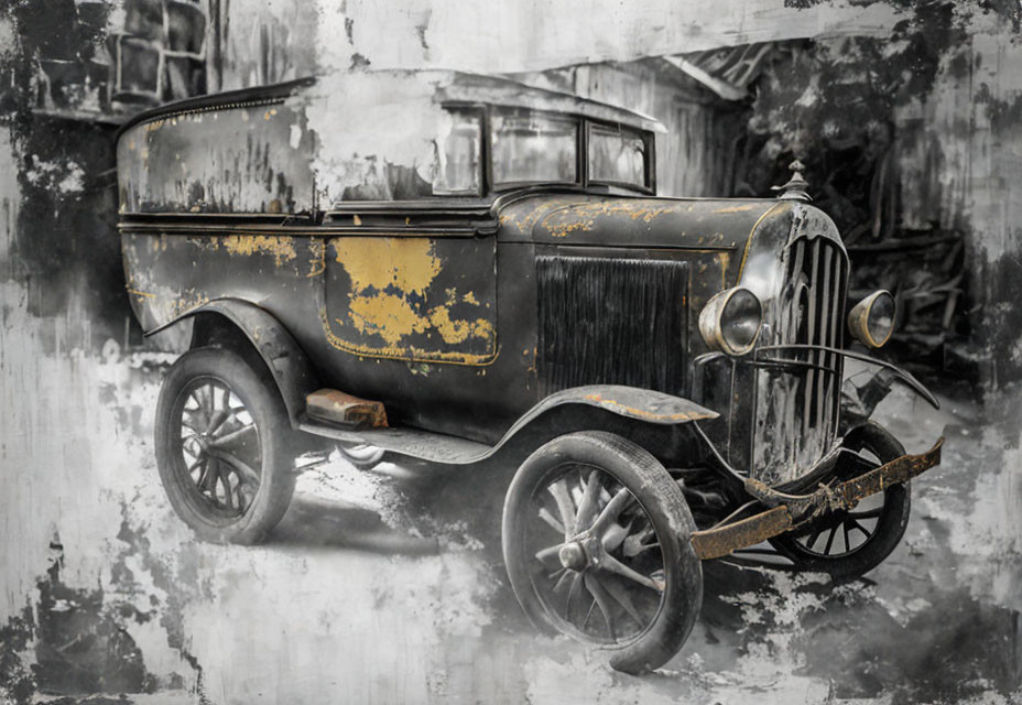 Vintage Car Photo: Old Sepia-Toned Image with Worn Paint & Spoked Wheels