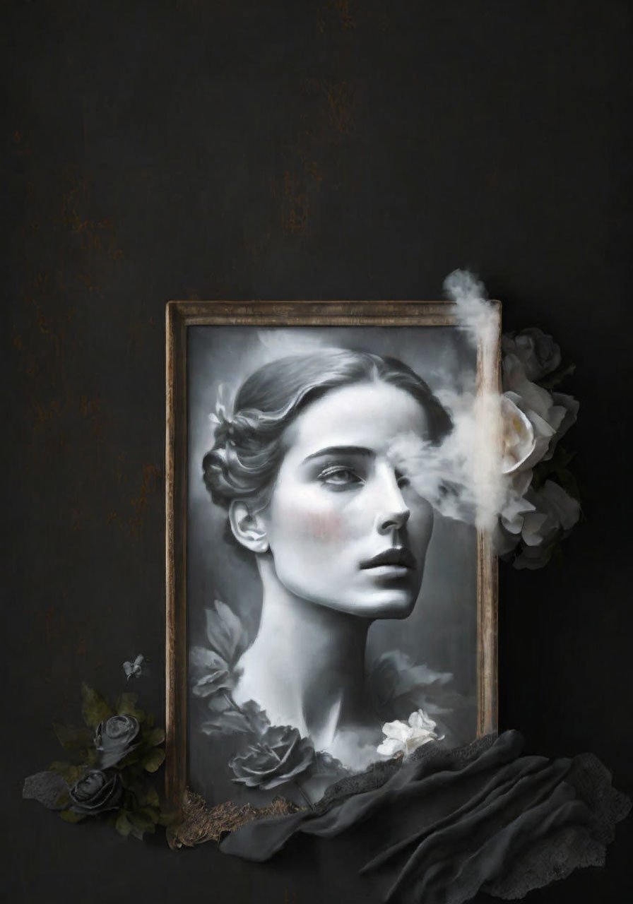 Vintage Framed Portrait of Woman with Swirling Smoke, Flowers, and Drapery