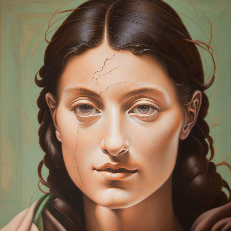 Portrait of Woman with Cracks Resembling Broken Porcelain, Brown Hair, Serene Expression