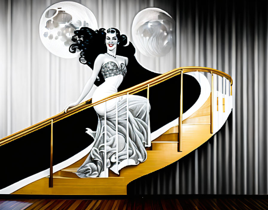 Elegant woman in black and white gown on spiral staircase with pearls and floating orbs