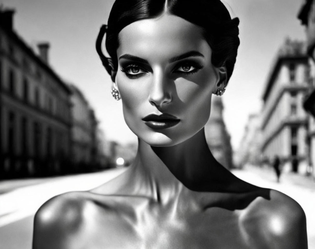 Woman's monochrome portrait with styled hair and earrings against cityscape.