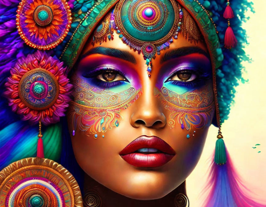 Colorful woman with intricate face paint and ornate accessories in vibrant artwork