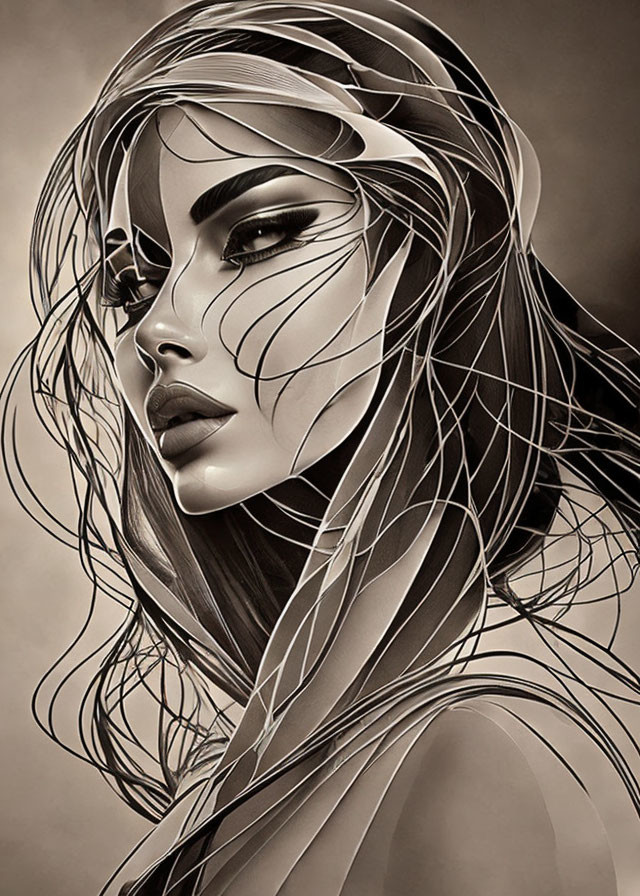 Stylized woman with flowing hair in monochromatic digital art