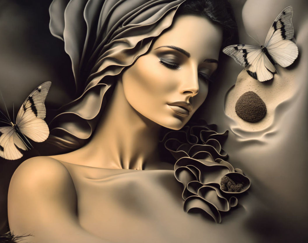 Sepia-toned image of a woman with butterflies in a serene setting